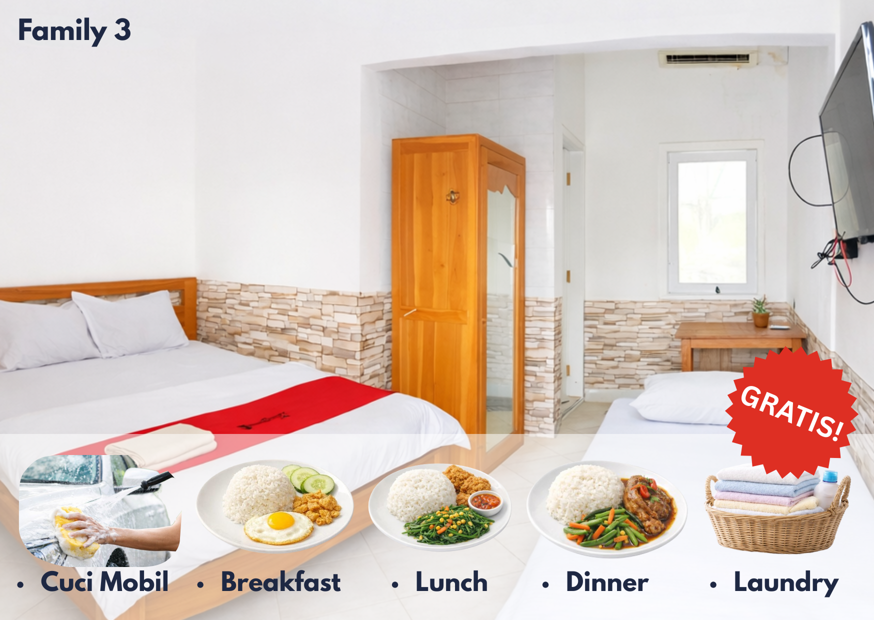 Cozzy Residence Bali Family 3 + GRATIS SARAPAN + MAKAN SIANG +MAKAN MALAM SETIAP HARI + CUCI MOBIL SETIAP MINGGU+ LAUNDRY HARIAN