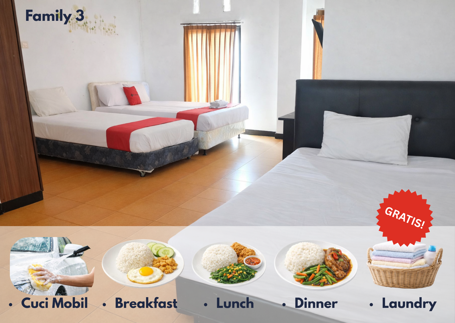 Cozzy Residence Bandung Family 3 + GRATIS SARAPAN + MAKAN SIANG +MAKAN MALAM SETIAP HARI + CUCI MOBIL SETIAP MINGGU+ LAUNDRY HARIAN